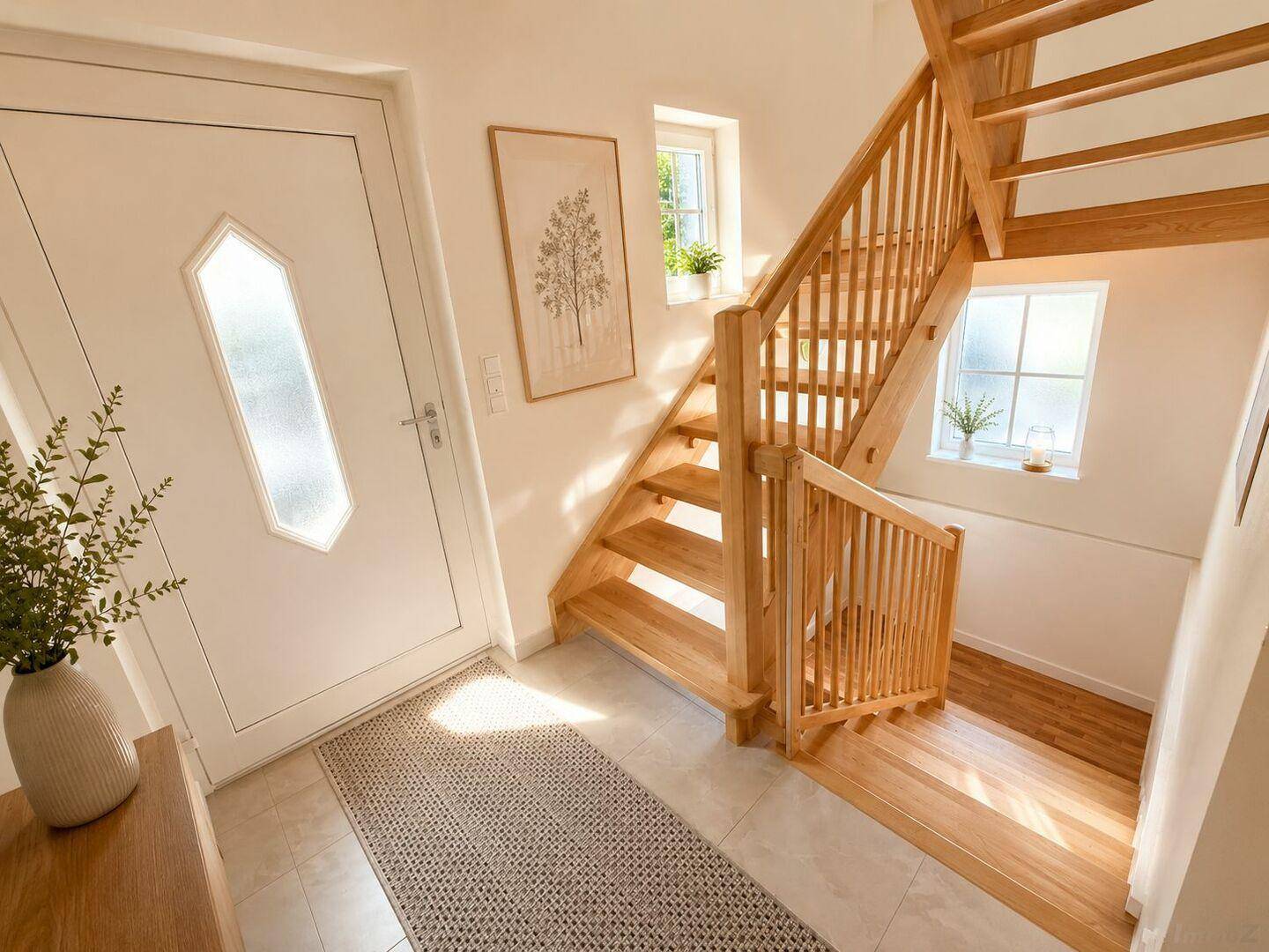 Freundlicher Eingangsbereich mit heller Holztreppe und Fliesenboden.