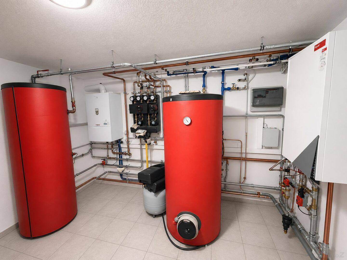 Heizungsraum mit modernen Warmwasserspeichern und komplexer Rohrinstallation.