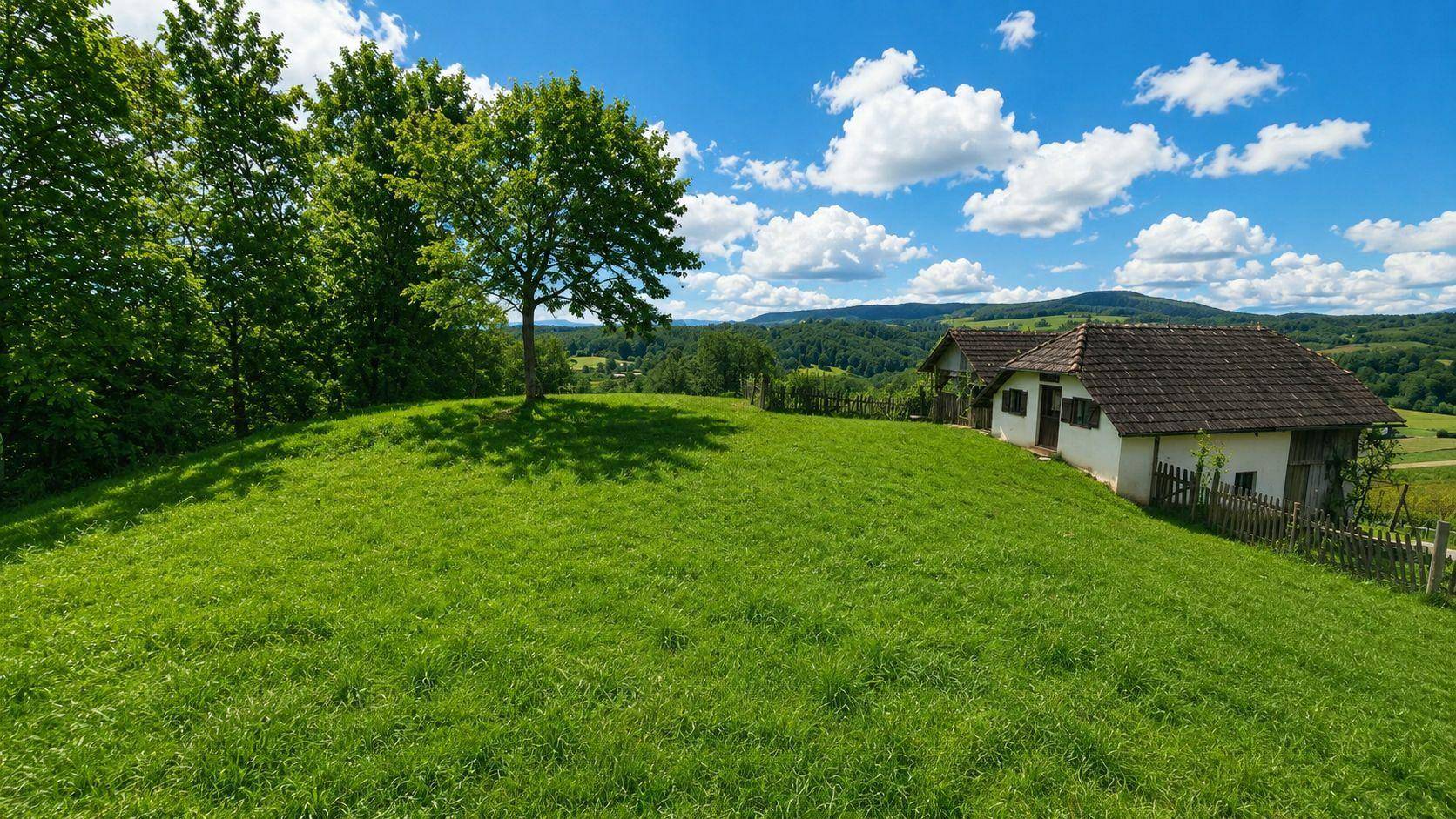 Sanfter grüner Hügel mit einem Baum und einem traditionellen Haus in der Ferne.