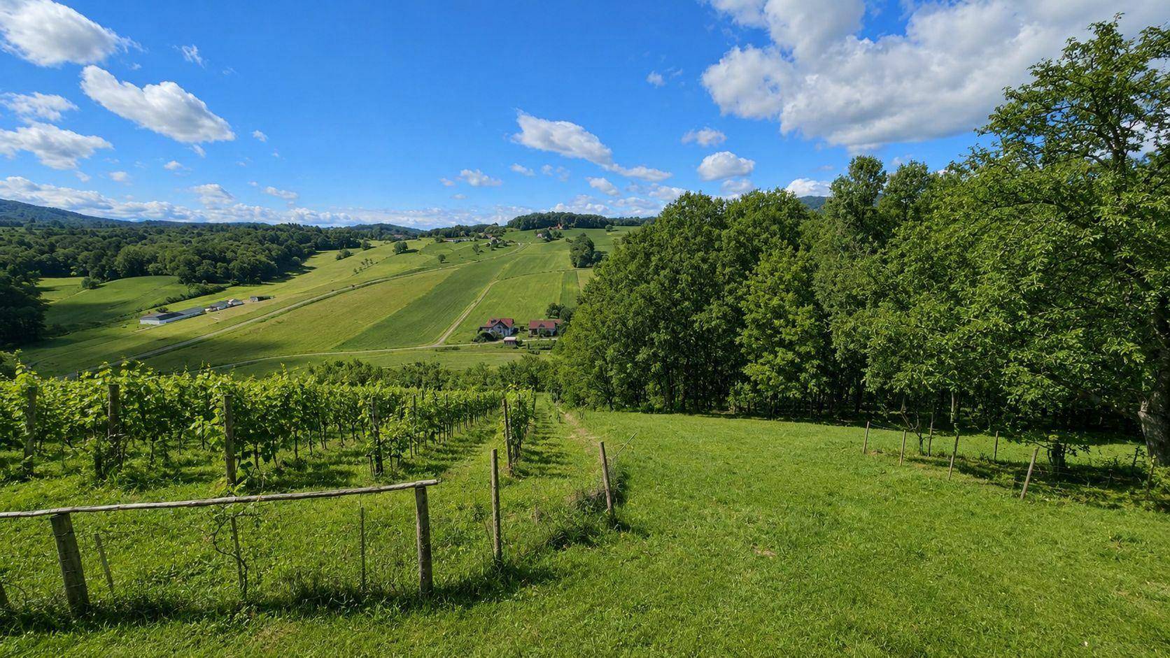 Weitläufige Weinberge und grüne Hügel erstrecken sich unter einem strahlend blauen Himmel.
