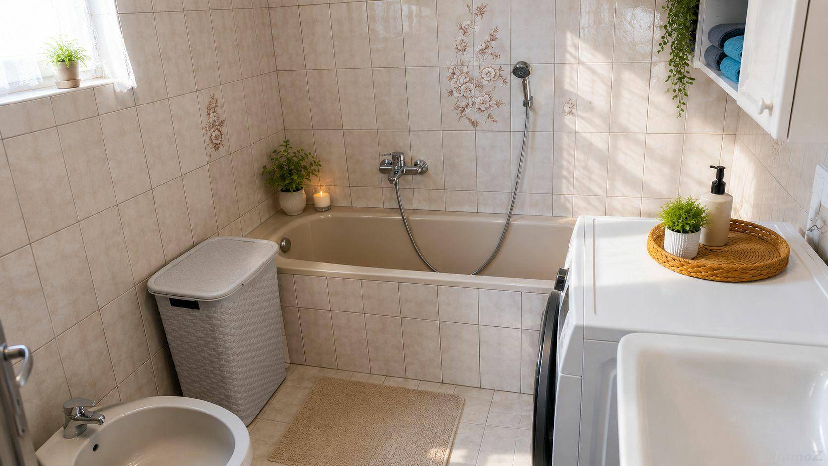 Funktionales Badezimmer mit Badewanne, Bidet und Waschmaschine, hell gefliest.