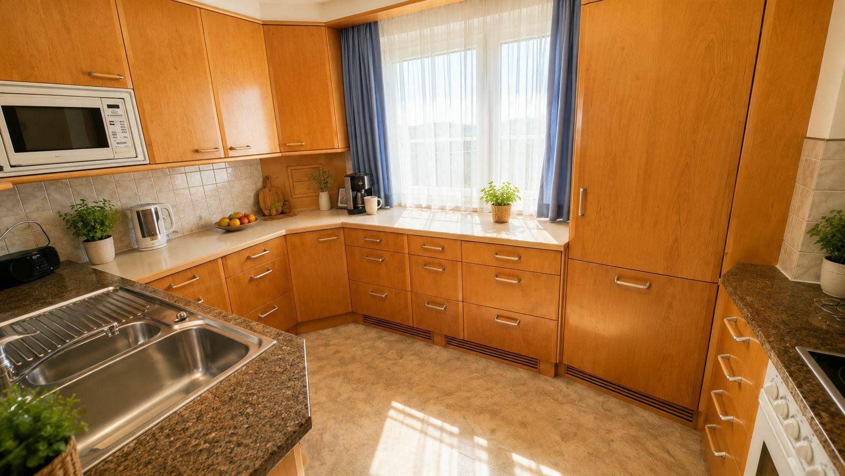 Helle Küche mit Holzschränken, Granitarbeitsplatten und Blick ins Grüne.
