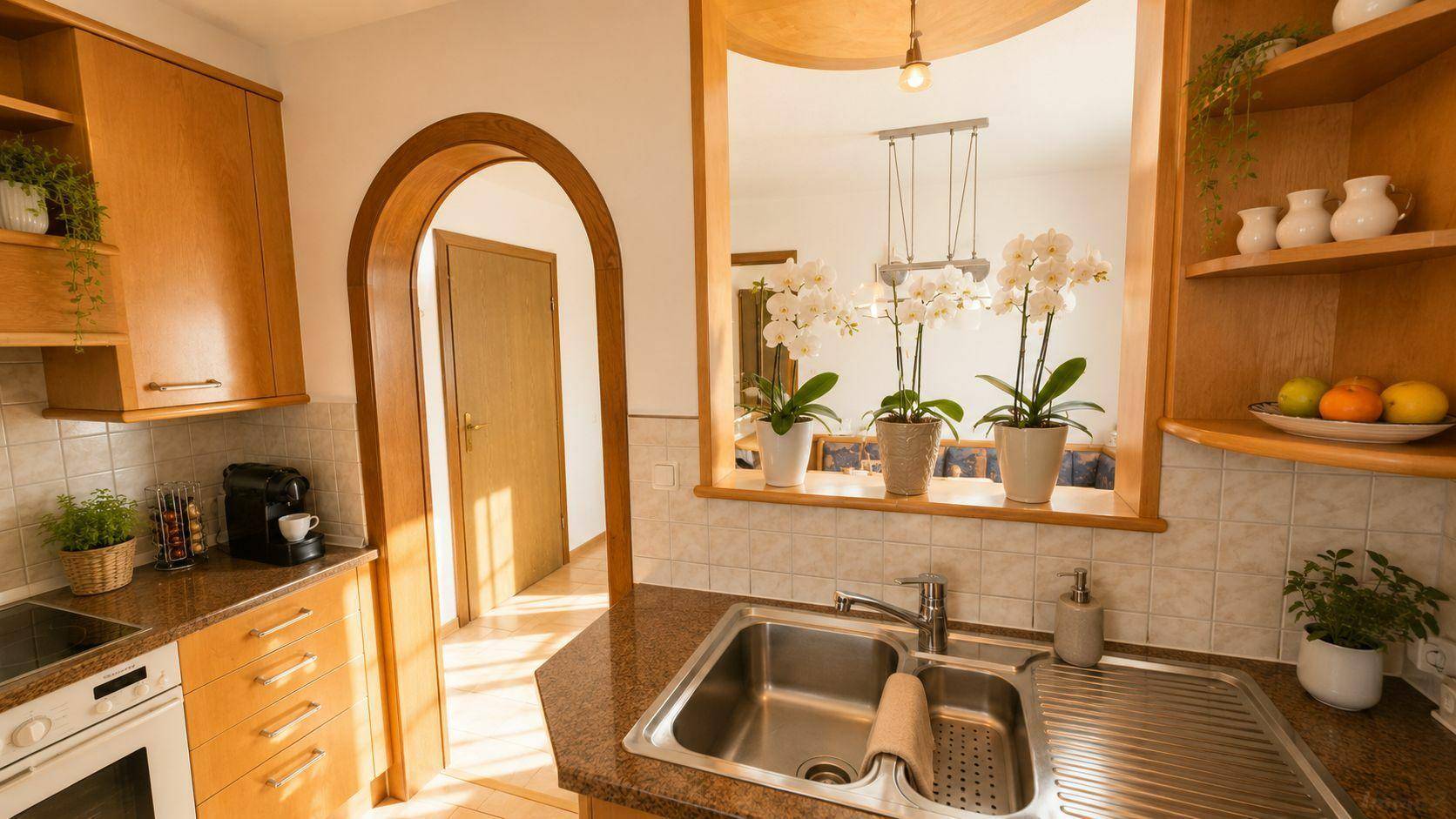 Funktionale Küche mit Holzfronten und Durchreiche zum Essbereich, dekoriert mit Orchideen.