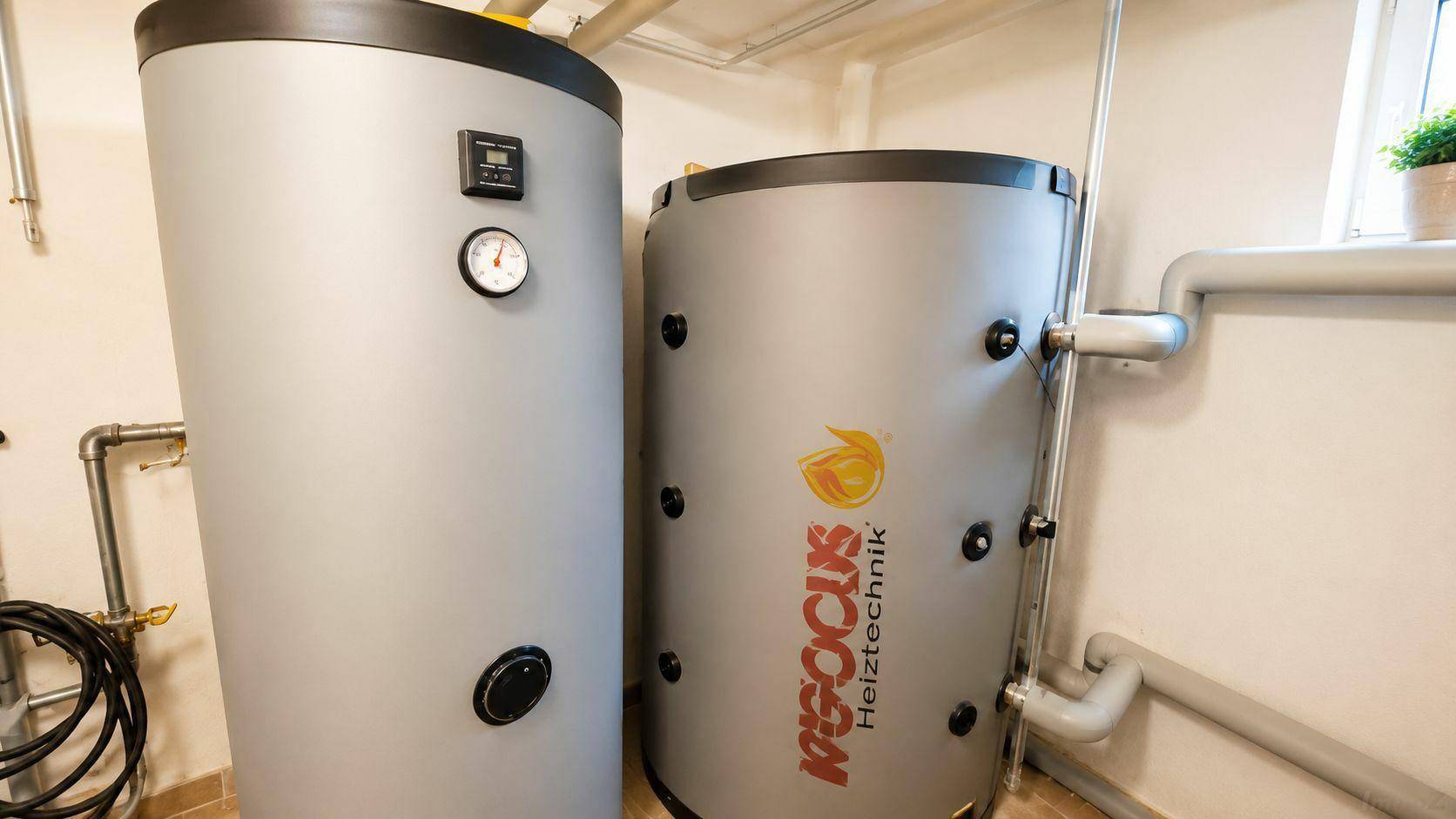 Heizungsraum mit zwei großen Warmwasserspeichern und sichtbaren Rohrleitungen.