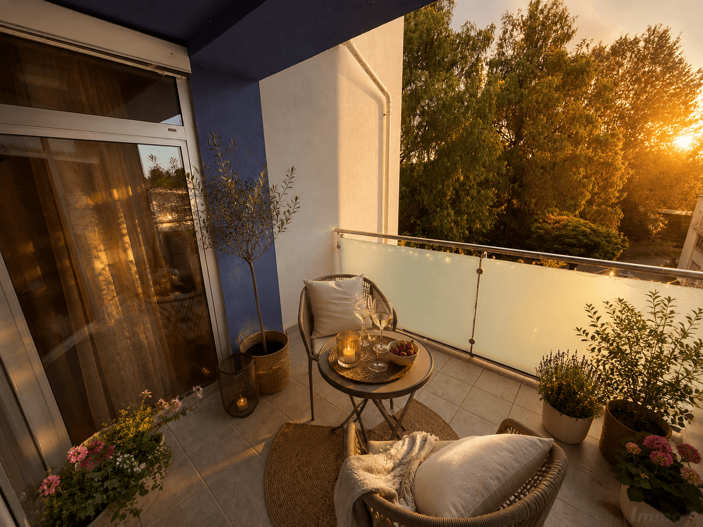 Gemütlicher Balkon mit Sitzgelegenheiten und Pflanzen, der einen schönen Blick auf Bäume und den Sonnenuntergang bietet.