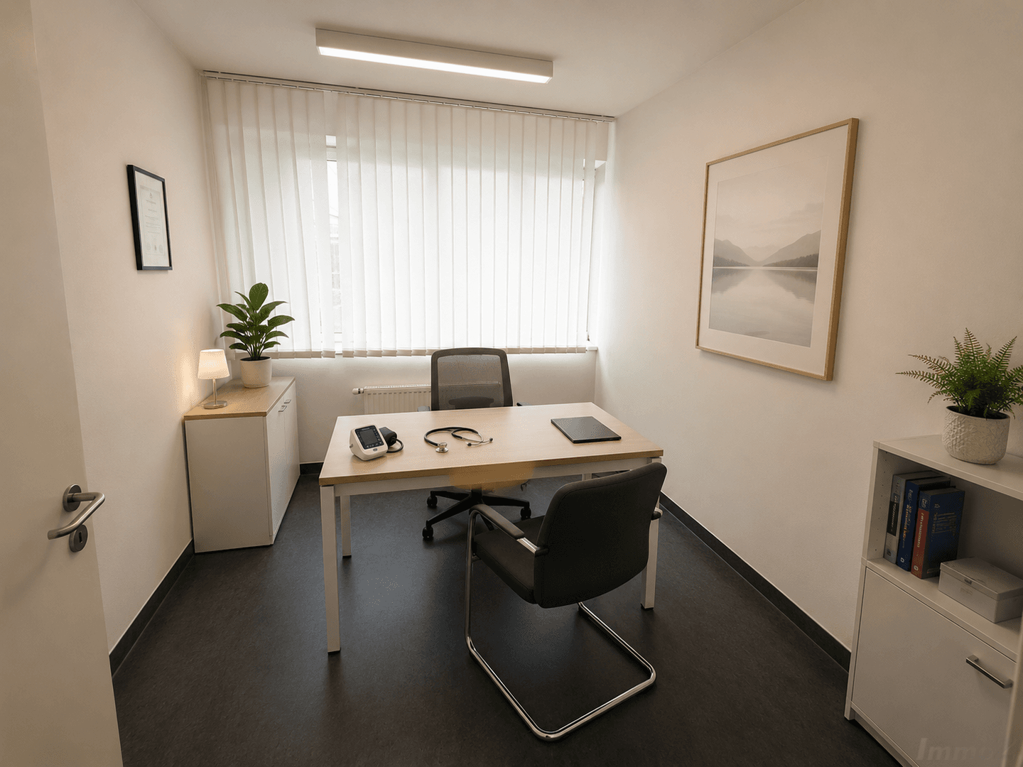 Funktional eingerichtetes Untersuchungszimmer mit Schreibtisch, medizinischen Geräten und einem Fenster mit Jalousien.