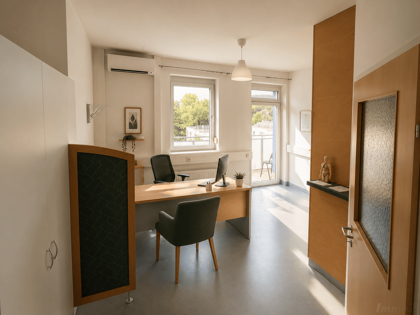 Helles Bürozimmer mit Schreibtisch, Stuhl, Klimaanlage und Zugang zu einem Balkon, der viel Tageslicht bietet.