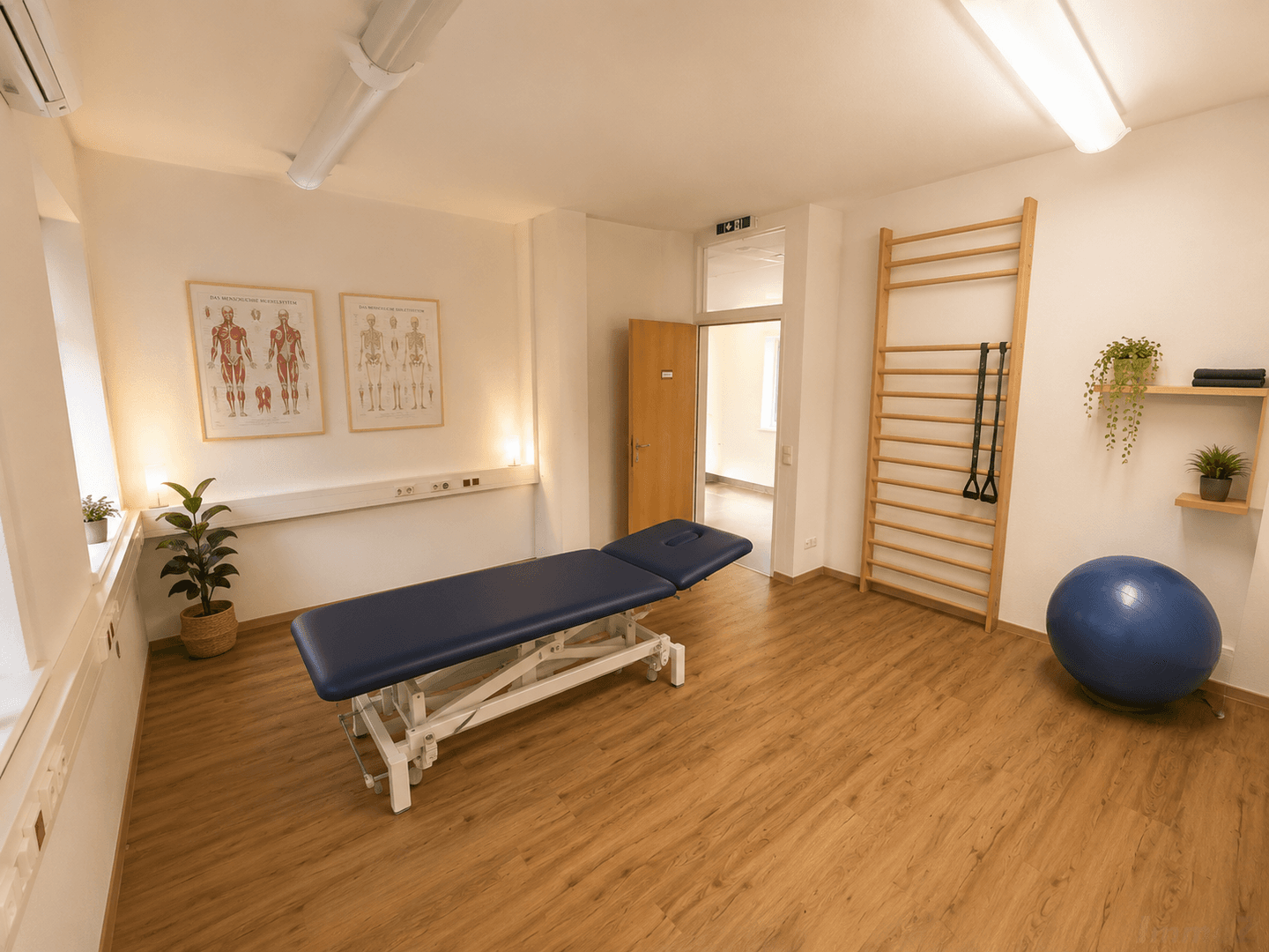Geräumiger Therapieraum mit Massageliege, Sprossenwand und Gymnastikball, ideal für physiotherapeutische Anwendungen.