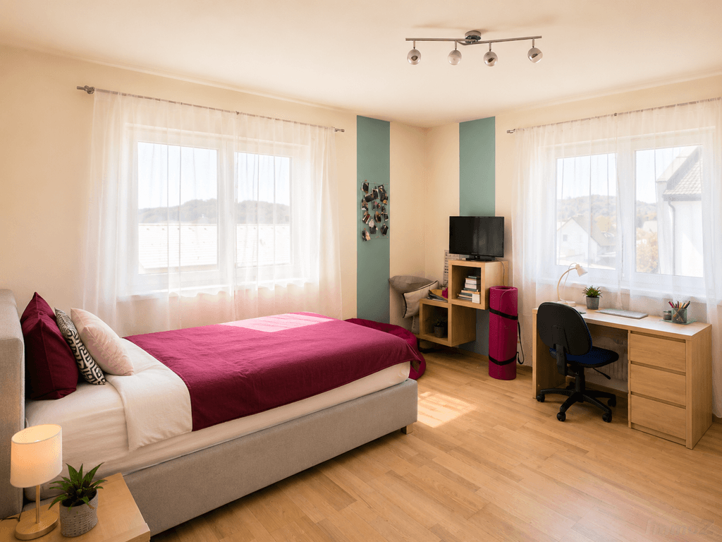 Helles Kinderzimmer mit Bett, Schreibtisch und Laminatboden, gut beleuchtet durch große Fenster.