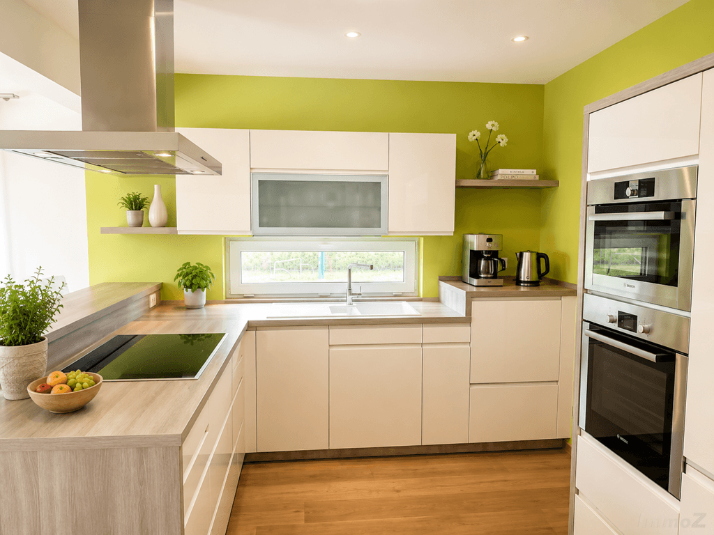 Moderne Küche mit weißen Hochglanzfronten, Holzarbeitsplatte und grüner Akzentwand.