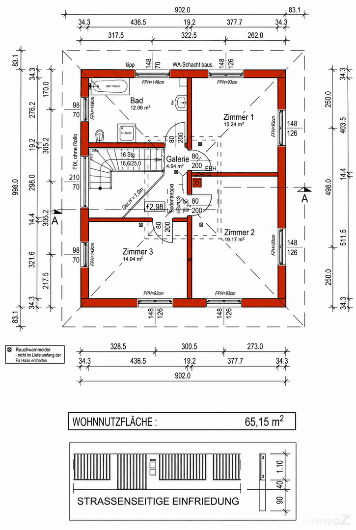 Grundriss des Obergeschosses mit drei Schlafzimmern und einem Badezimmer.