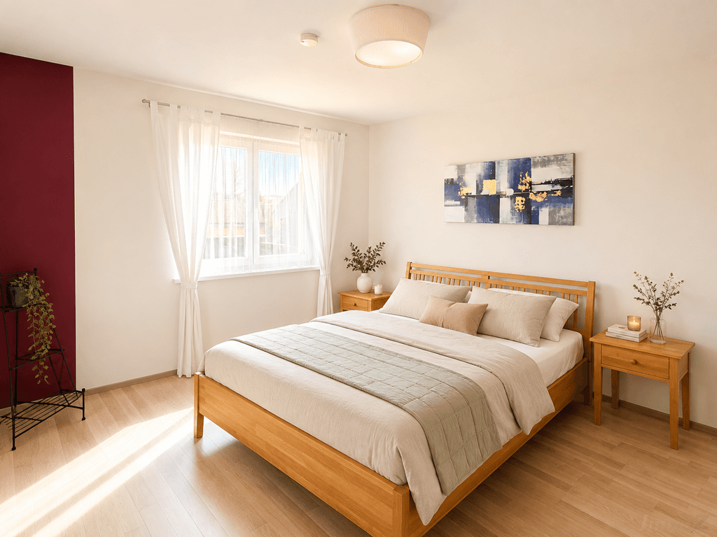 Helles Schlafzimmer mit Doppelbett aus Holz, Parkettboden und einer roten Akzentwand.