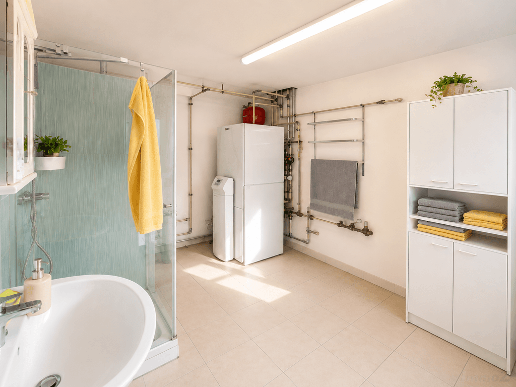Funktionaler Hauswirtschaftsraum mit Heizungsanlage, Dusche und Waschbecken.