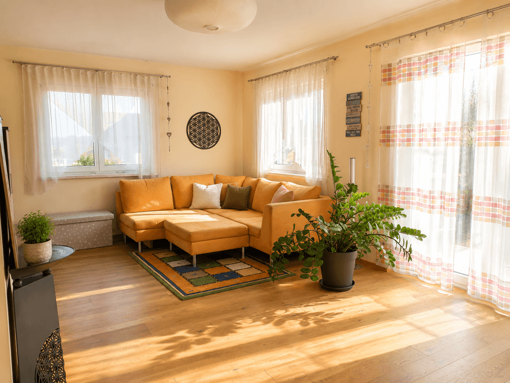 Gemütliches Wohnzimmer mit gelbem Ecksofa, Holzboden und viel natürlichem Licht.