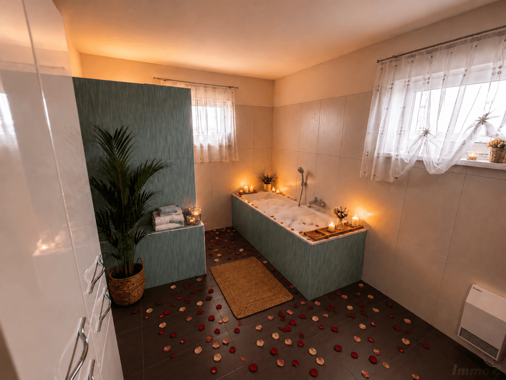Entspannendes Badezimmer mit Badewanne, Kerzen und Rosenblättern für eine romantische Atmosphäre.