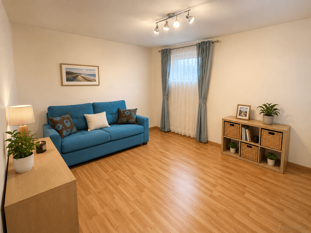 Freundliches Zimmer mit blauem Sofa, Holzmöbeln und Laminatboden, ideal als Gästezimmer.