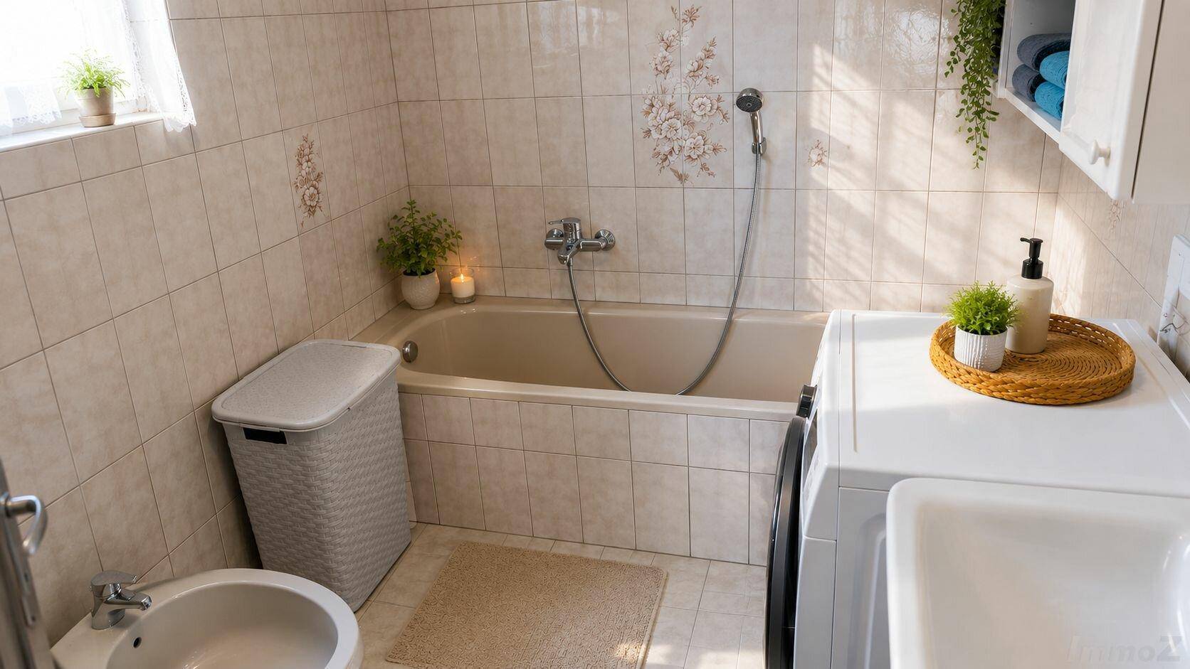 Helles Badezimmer mit Badewanne, Bidet, Waschmaschine und Fenster für Tageslicht.