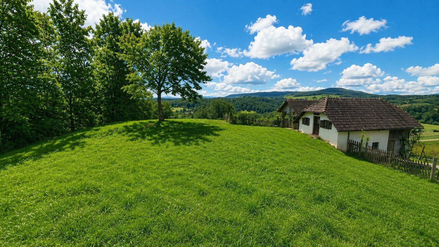 Grüne Hügellandschaft mit einem einzelnen Baum und einem traditionellen Haus im Hintergrund.