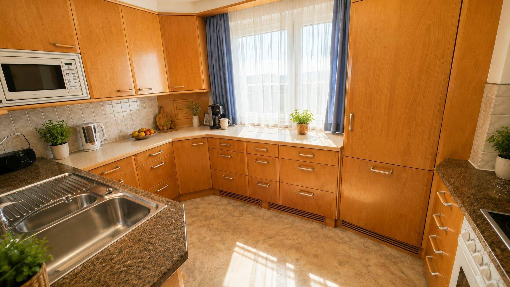 Helle Küche mit Holzschränken, Granitarbeitsplatten und Blick ins Grüne durch das Fenster.