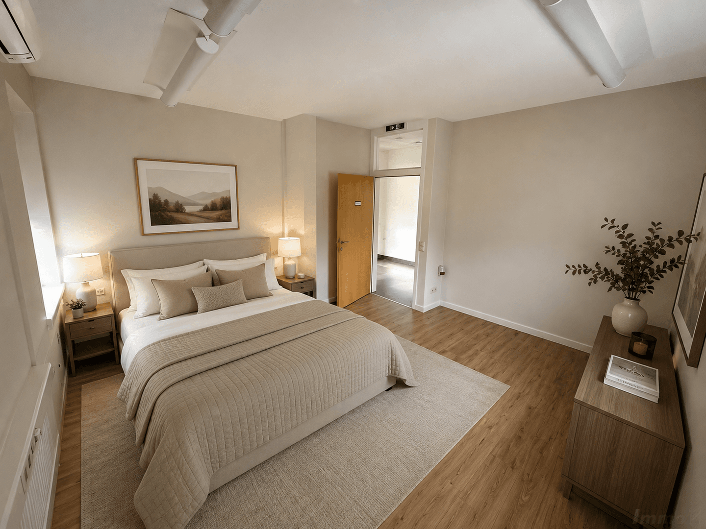 Helles Schlafzimmer mit Holzboden, Doppelbett und moderner Einrichtung, inklusive Klimaanlage.