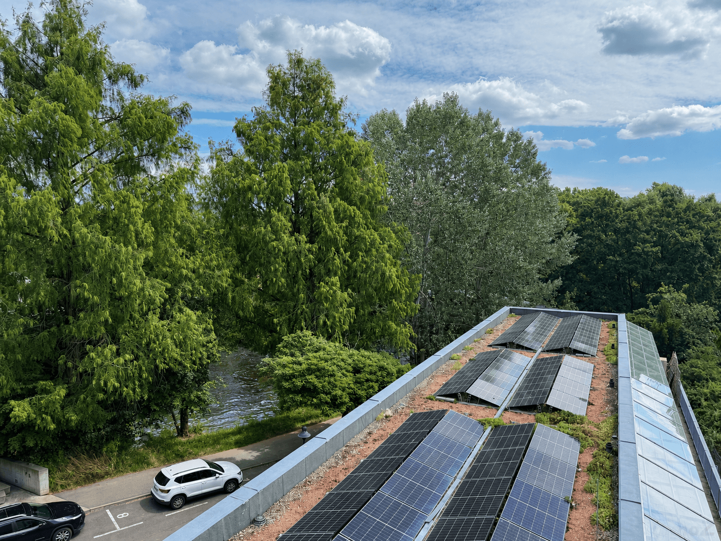 Dachfläche mit Photovoltaikanlage und Blick auf umliegende Bäume und ein Gewässer.