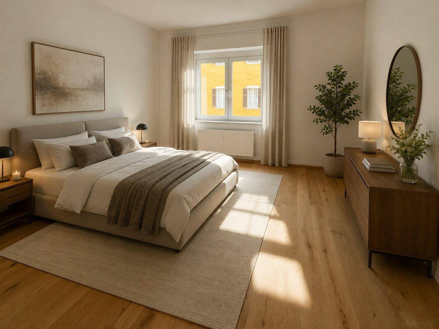 Helles Schlafzimmer mit Holzboden, großem Bett und modernem Interieur.