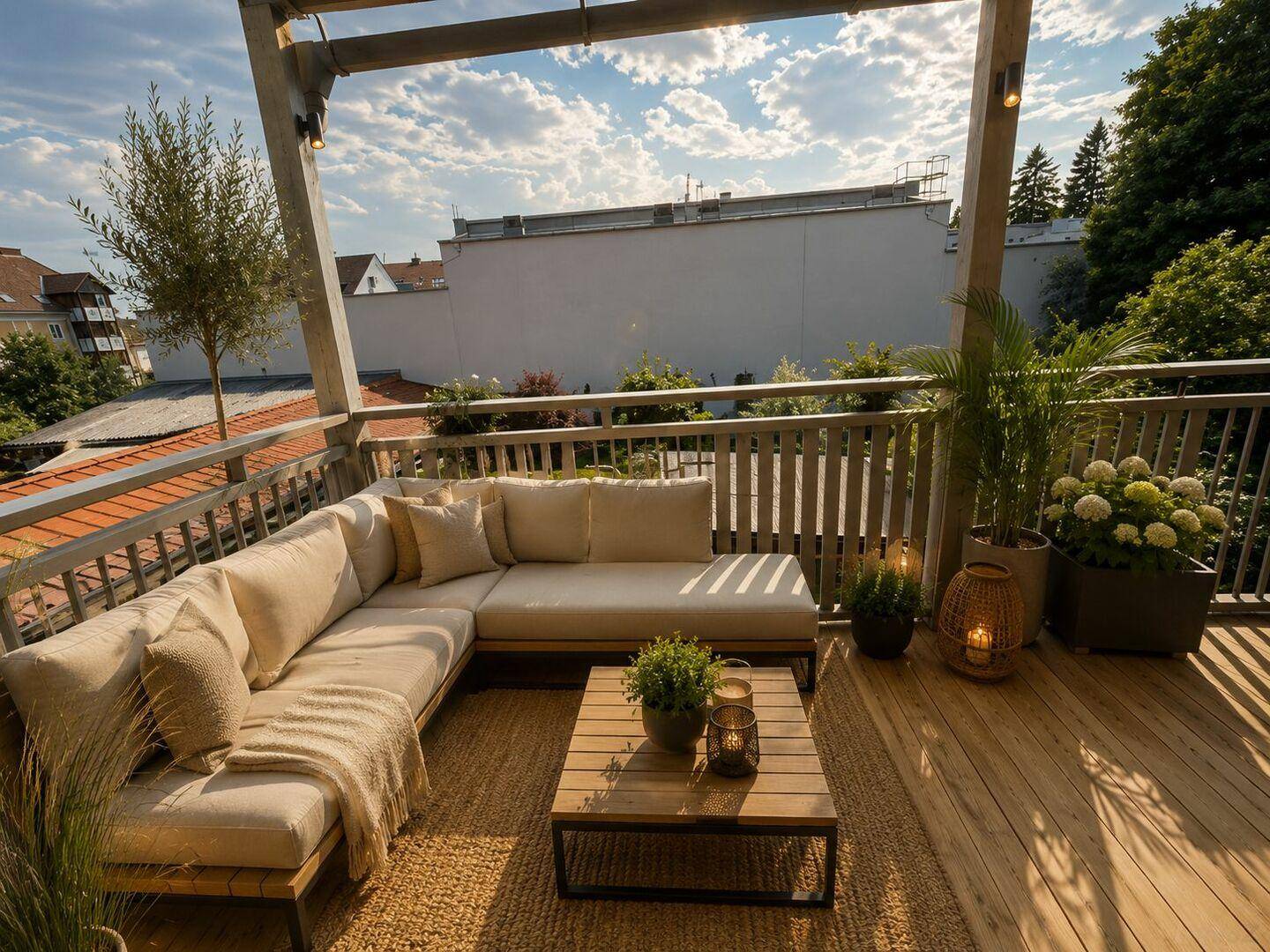 Heller Balkon mit bequemer Lounge-Ecke, Holzboden und Blick auf die Umgebung.