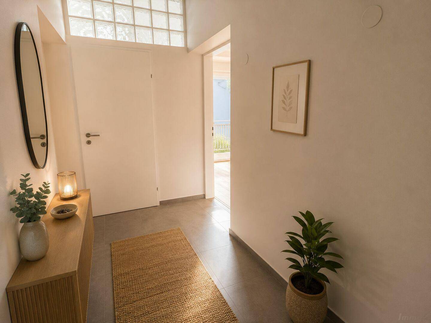 Heller Flur mit Fliesenboden, modernem Sideboard und dekorativen Pflanzen.