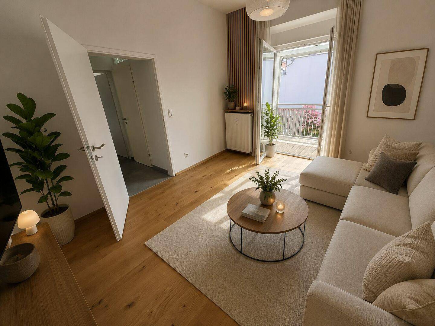 Modernes Wohnzimmer mit hellem Parkettboden, beigem Sofa und Zugang zum Balkon.