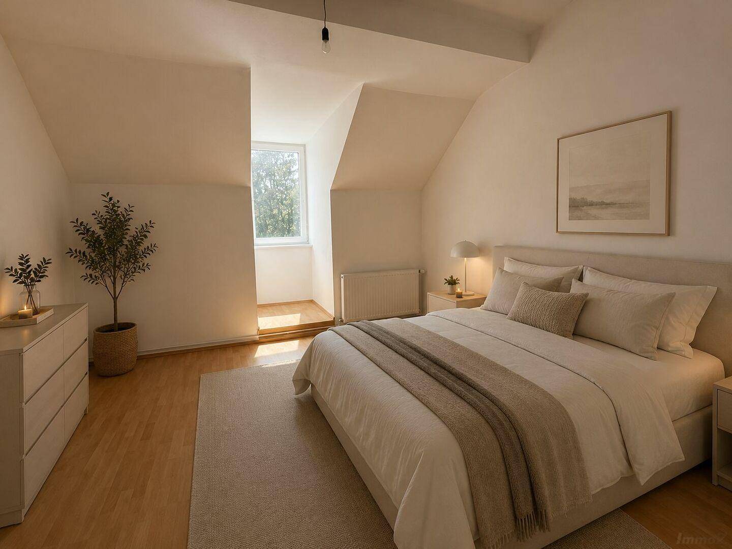 Helles Schlafzimmer mit Doppelbett, Holzboden und Dachschräge, durchflutet von natürlichem Licht.
