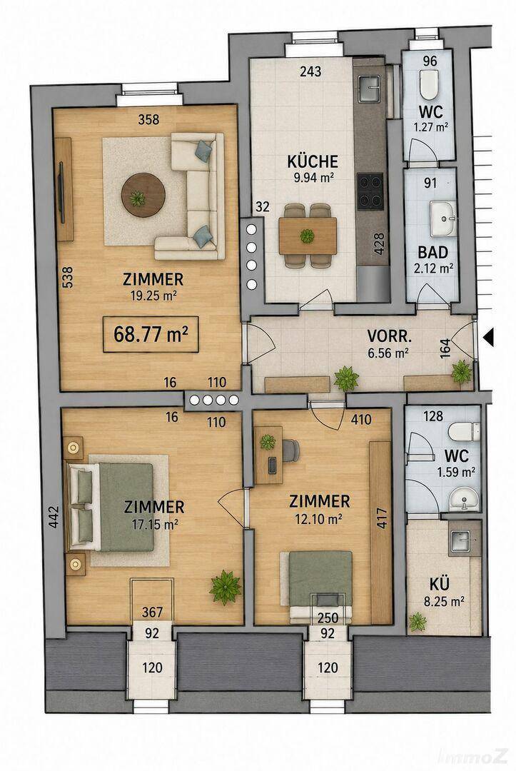 Detaillierter Grundriss einer Wohnung mit mehreren Zimmern, Küche, Bad und zwei WCs.