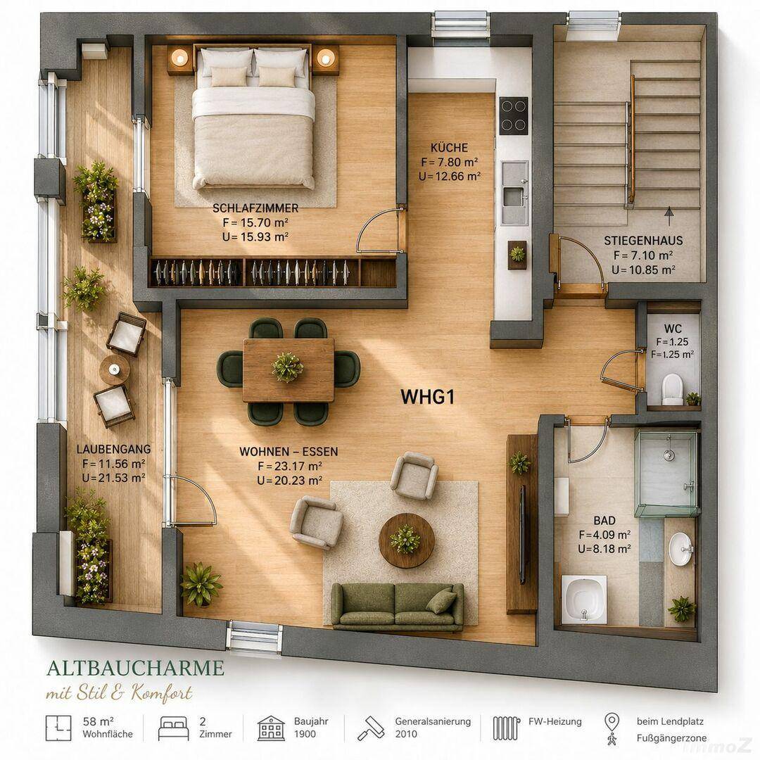 Detaillierter Grundriss einer Altbauwohnung mit Schlafzimmer, offener Küche und Wohn-Essbereich.