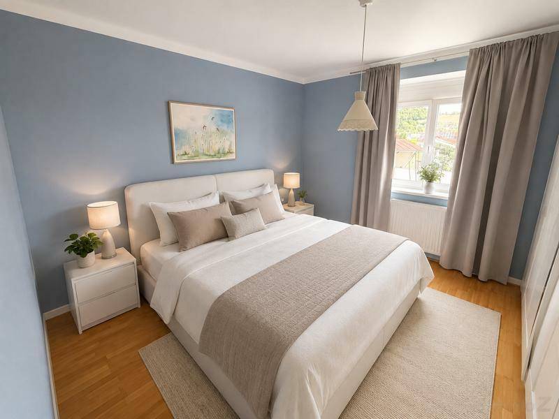Gemütliches Schlafzimmer mit blauen Wänden, großem Bett und Blick ins Grüne durch das Fenster.