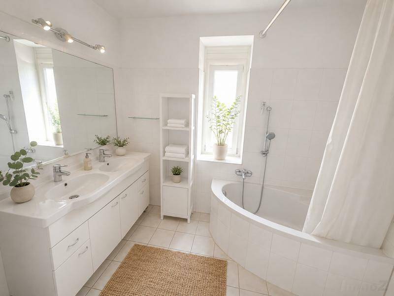 Helles Badezimmer mit weißen Fliesen, Doppelwaschbecken, Badewanne und Fenster für Tageslicht.