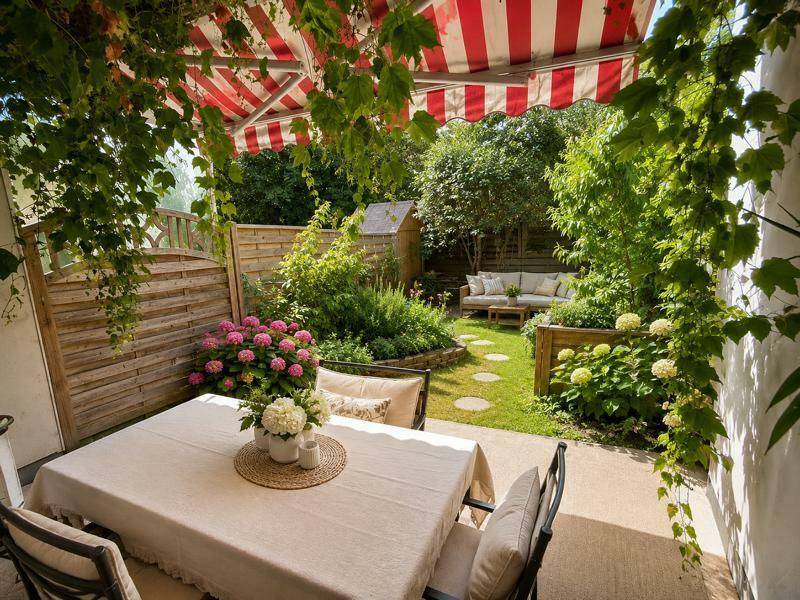 Einladende Terrasse mit gestreifter Markise und Blick auf den blühenden Garten mit Rasenfläche.