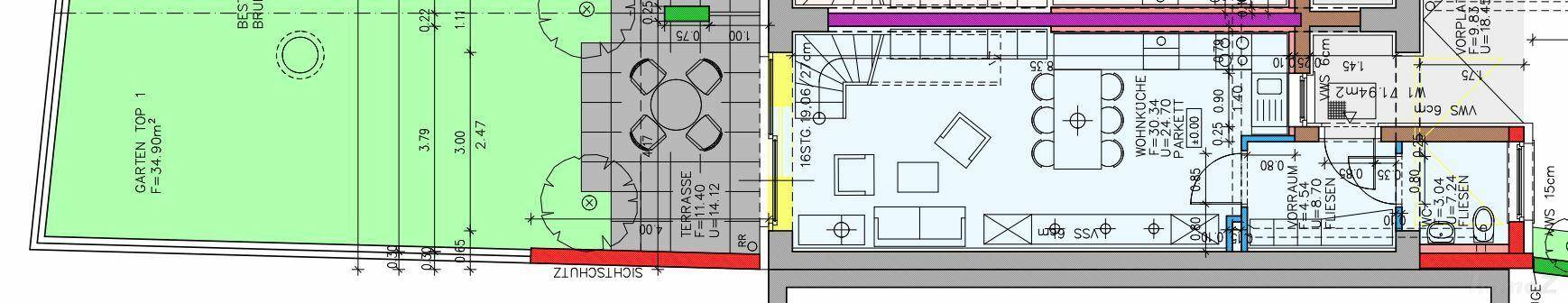 Grundriss des Erdgeschosses mit offenem Wohnbereich, Küche, Terrasse und Garten.