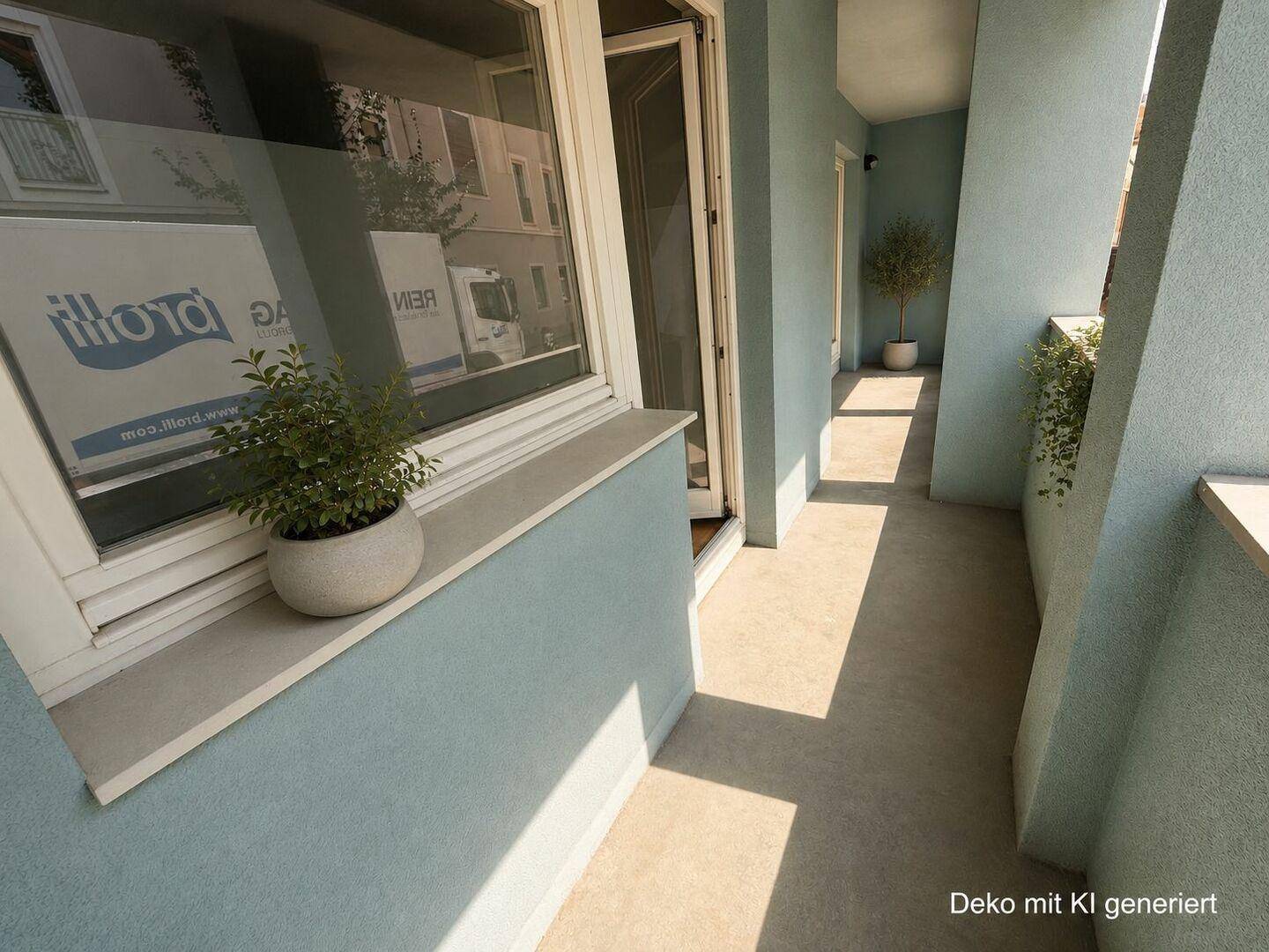 Langer Balkon mit blauer Fassade und Fenster, bietet einen hellen Außenbereich.