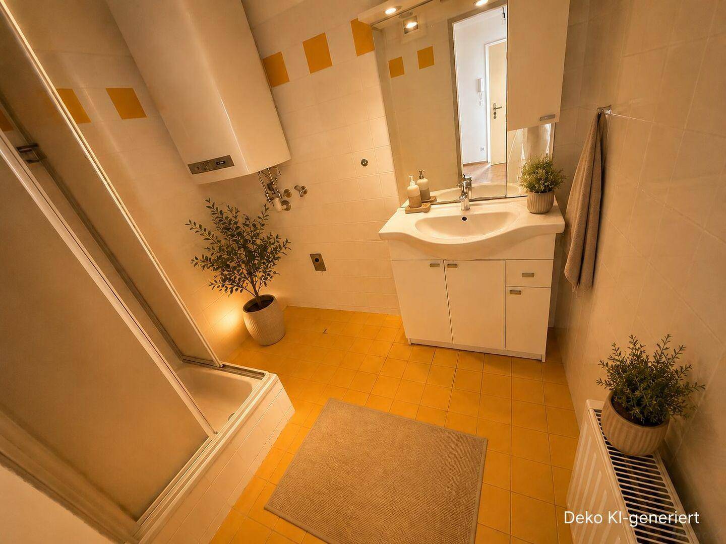 Funktionales Badezimmer mit Duschkabine, Waschbecken und gelben Fliesen, inklusive Warmwasserbereiter.