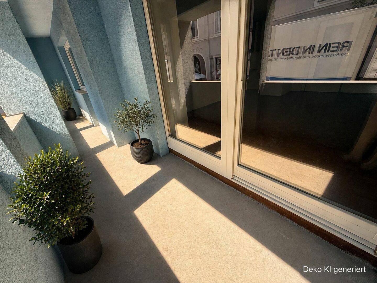 Sonniger Balkon mit blauen Wänden und Topfpflanzen, ideal für entspannte Stunden im Freien.