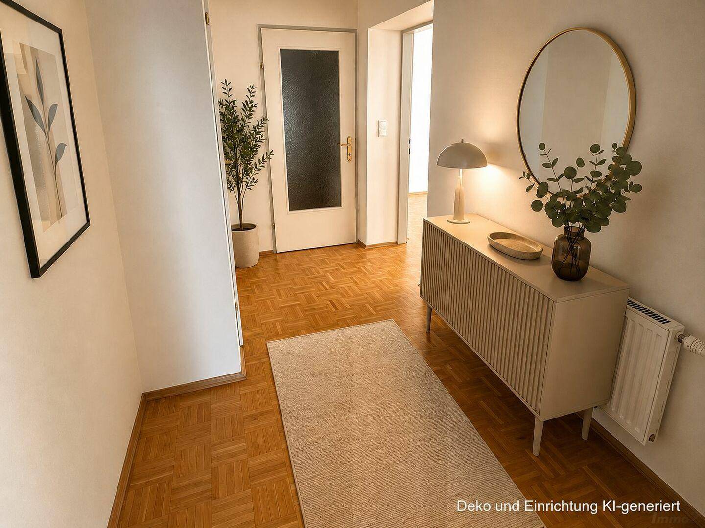 Heller Flur mit Konsole, rundem Spiegel und klassischem Parkettboden, der zum Wohnbereich führt.