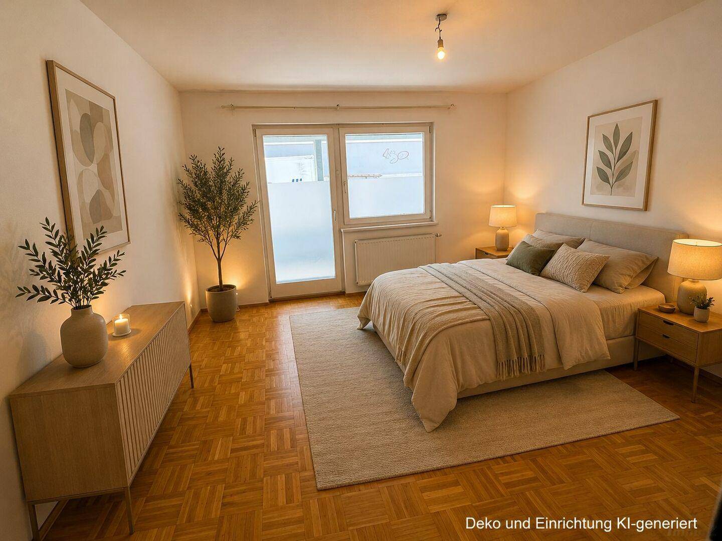 Ruhiges Schlafzimmer mit Doppelbett, Nachttischen und Zugang zu einem Außenbereich, ausgestattet mit Parkettboden.