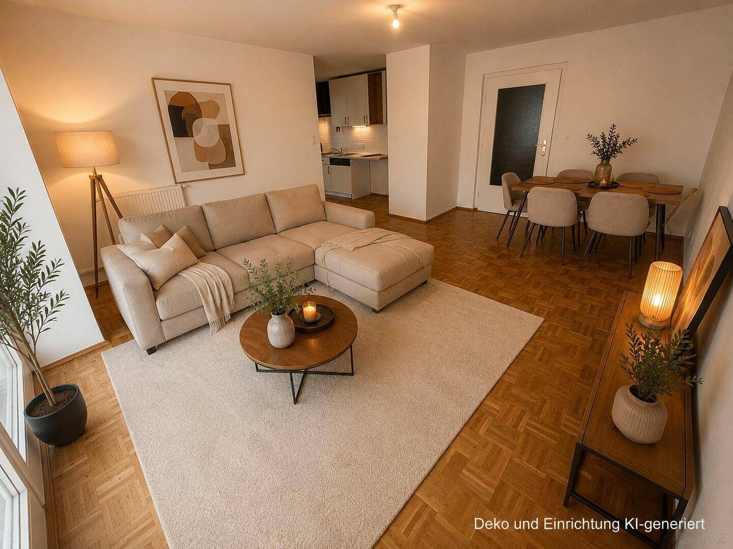 Gemütlicher Wohnbereich mit beigem Ecksofa, Couchtisch und Blick auf die angrenzende Küche.