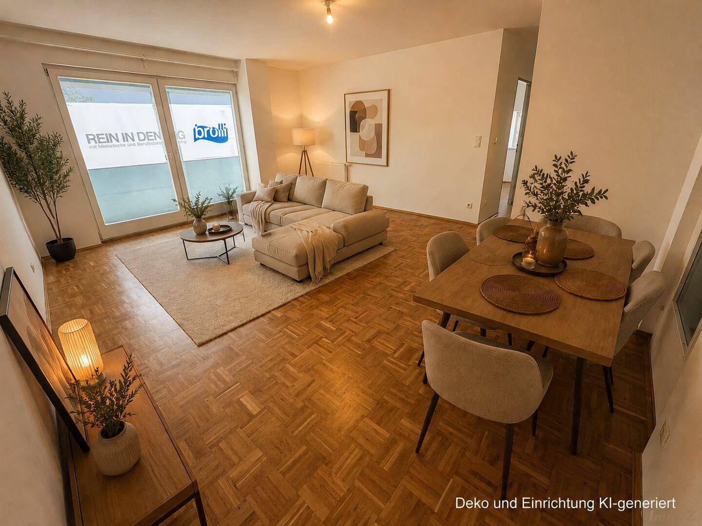 Geräumiger Wohn-Essbereich mit hellem Sofa, Esstisch und klassischem Parkettboden, lichtdurchflutet durch große Fenster.