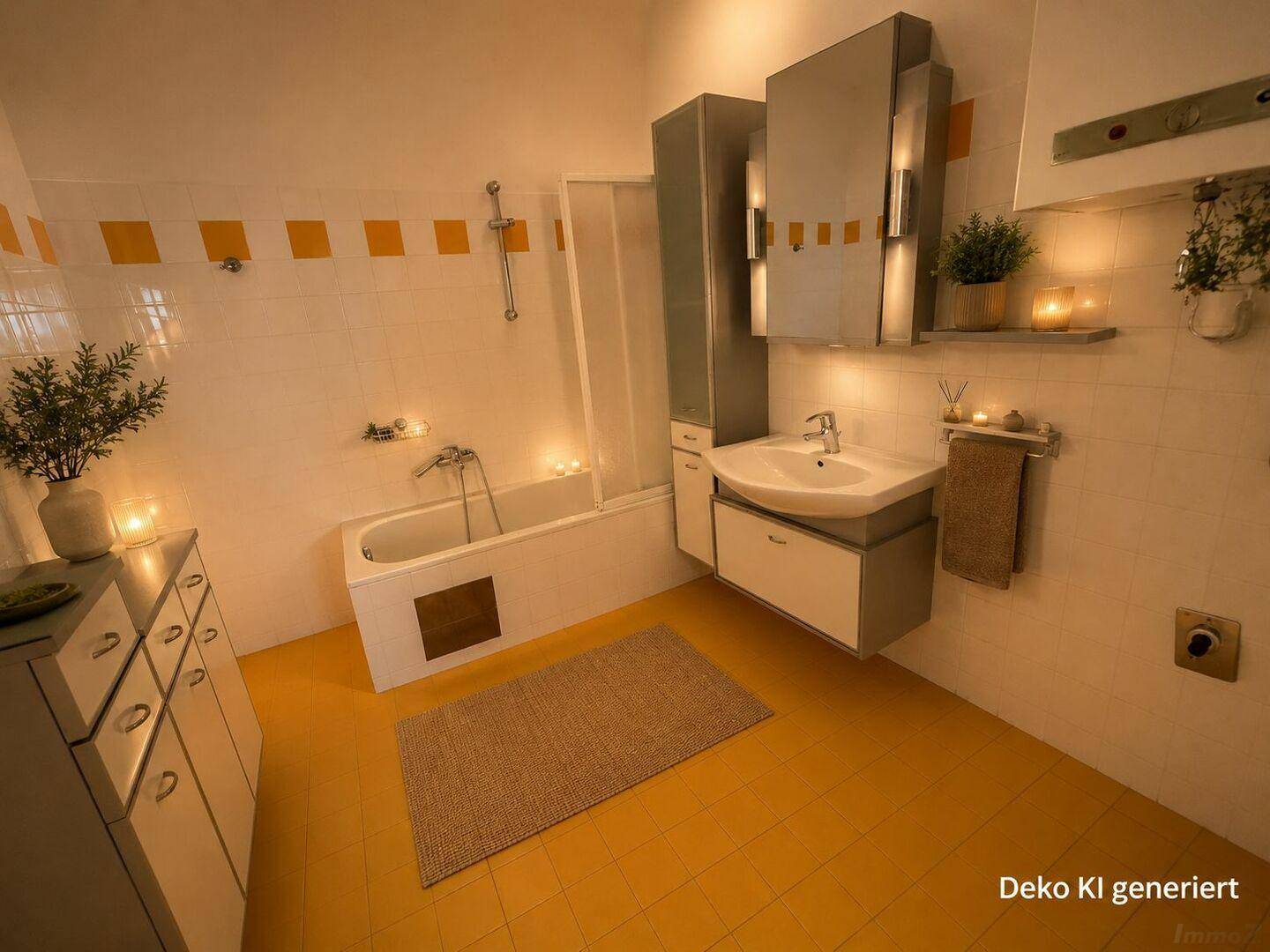 Badezimmer mit Badewanne, Duschbereich und gelben Fliesen, die einen Farbakzent setzen.
