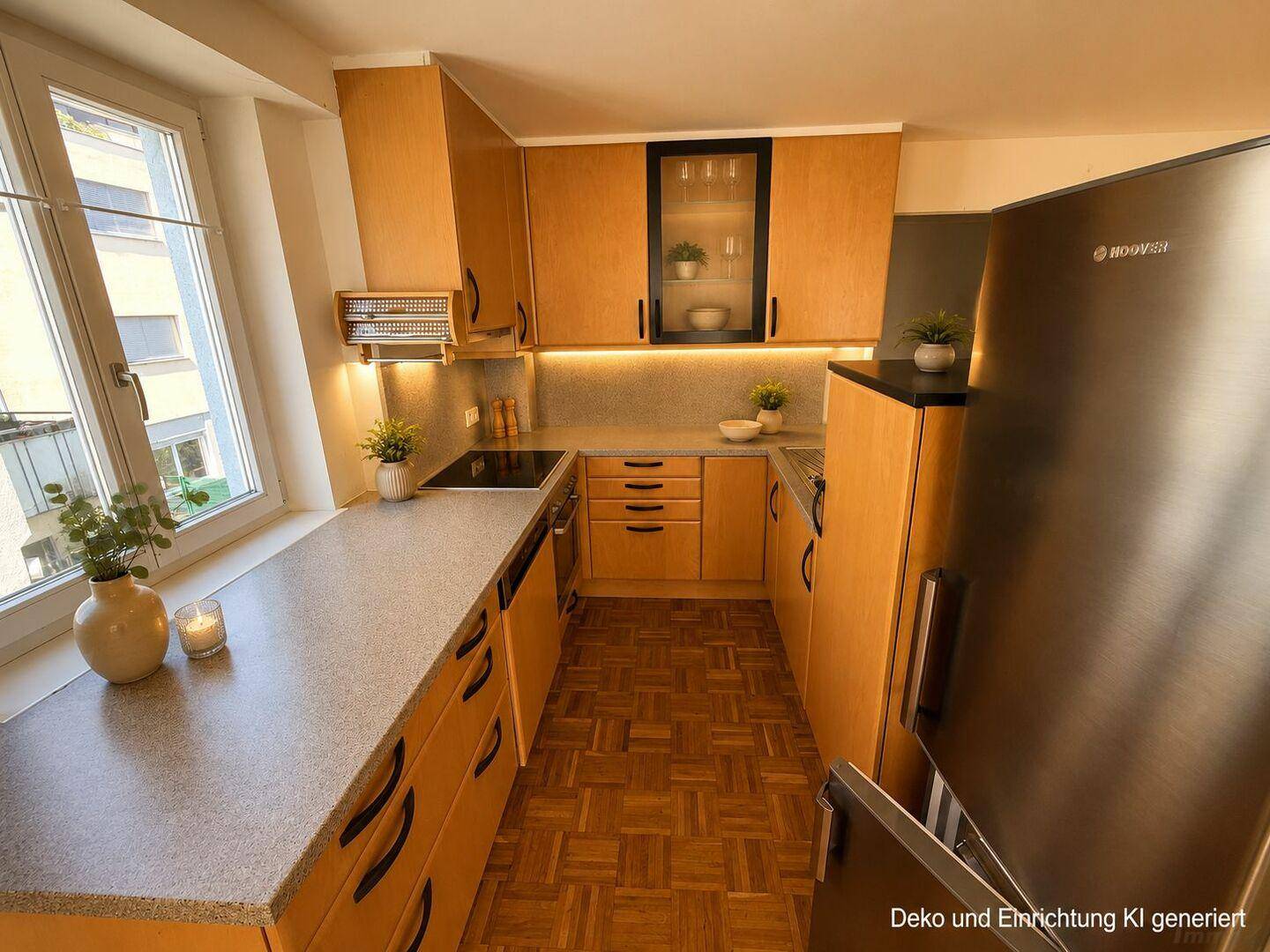 Funktionale Küche mit Holzschränken, modernen Geräten und einem Fenster für natürliches Licht.