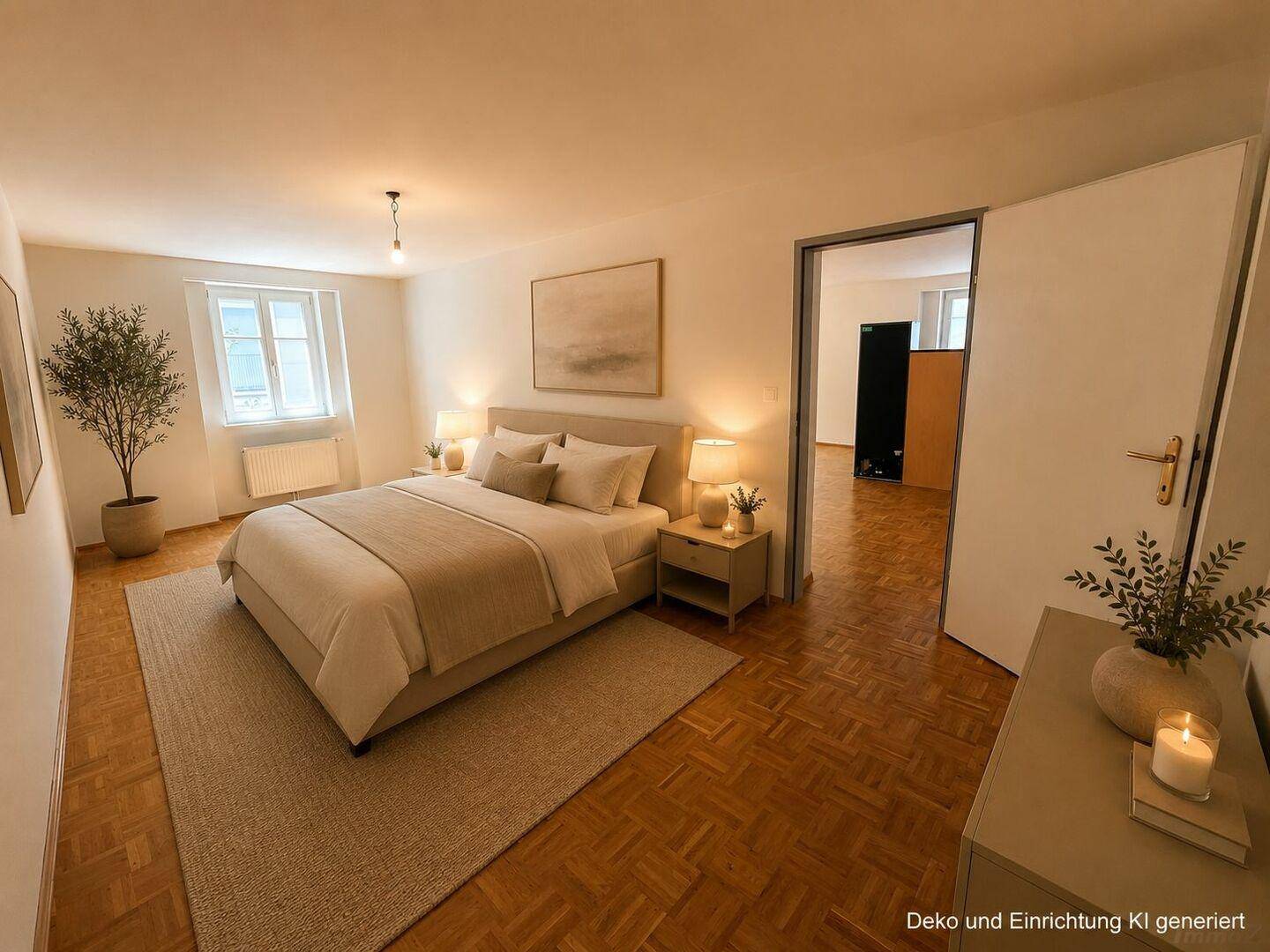 Gemütliches Schlafzimmer mit Doppelbett, Parkettboden und einem Fenster für angenehmes Tageslicht.
