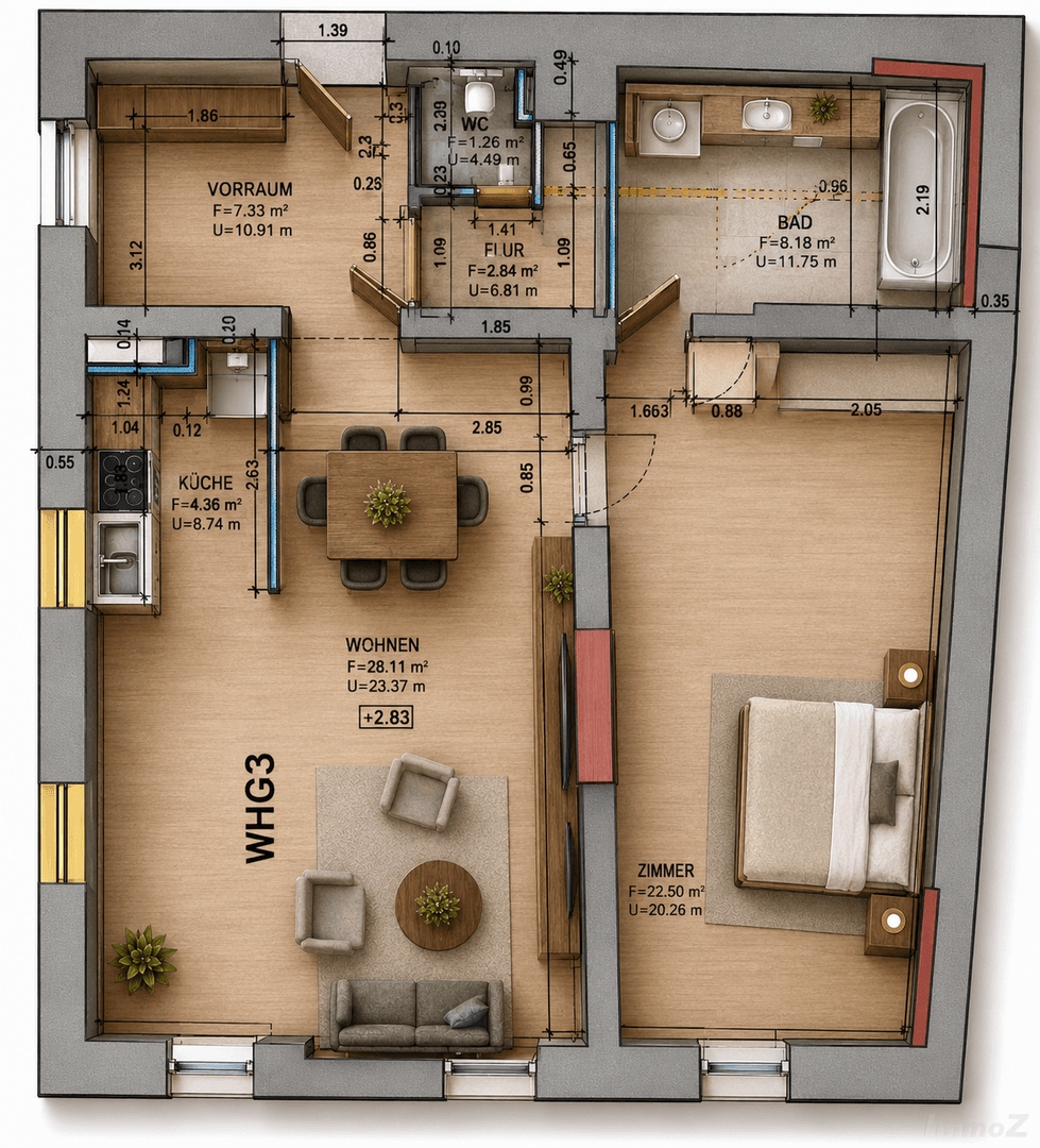 Detaillierter Grundriss der Wohnung mit Wohn-, Schlafzimmer, Küche und zwei Bädern.