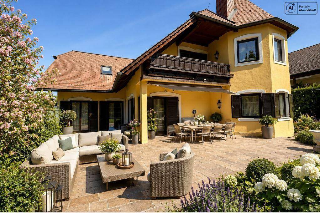 Große, möblierte Terrasse mit Essbereich und Lounge-Möbeln, umgeben von blühenden Pflanzen.