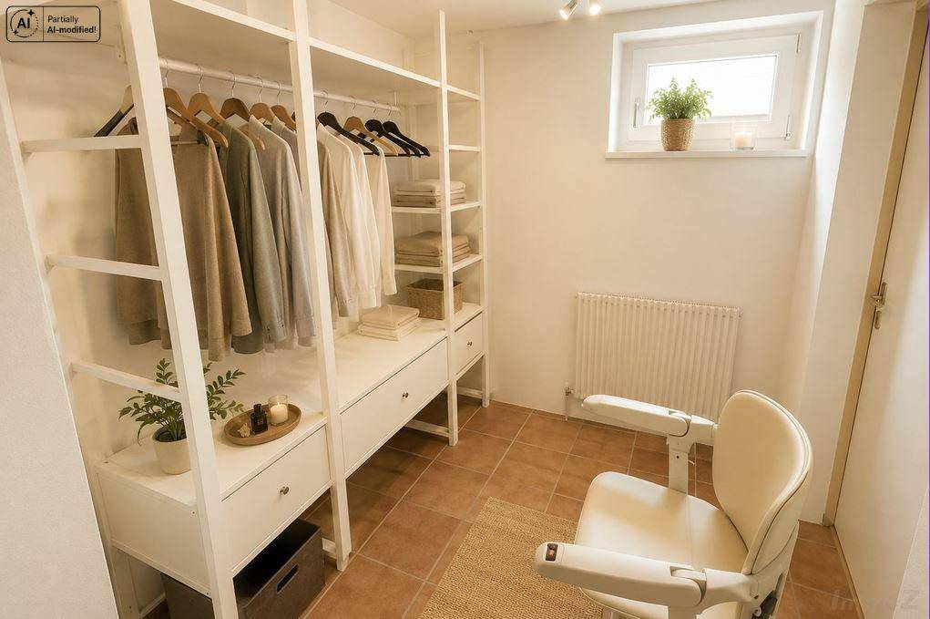 Heller begehbarer Kleiderschrank mit Regalsystem und Fenster.