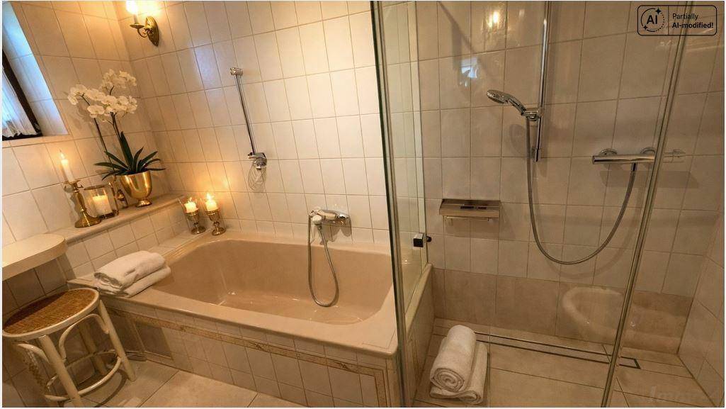 Klassisches Badezimmer mit Badewanne, Duschkabine und hellen Fliesen.